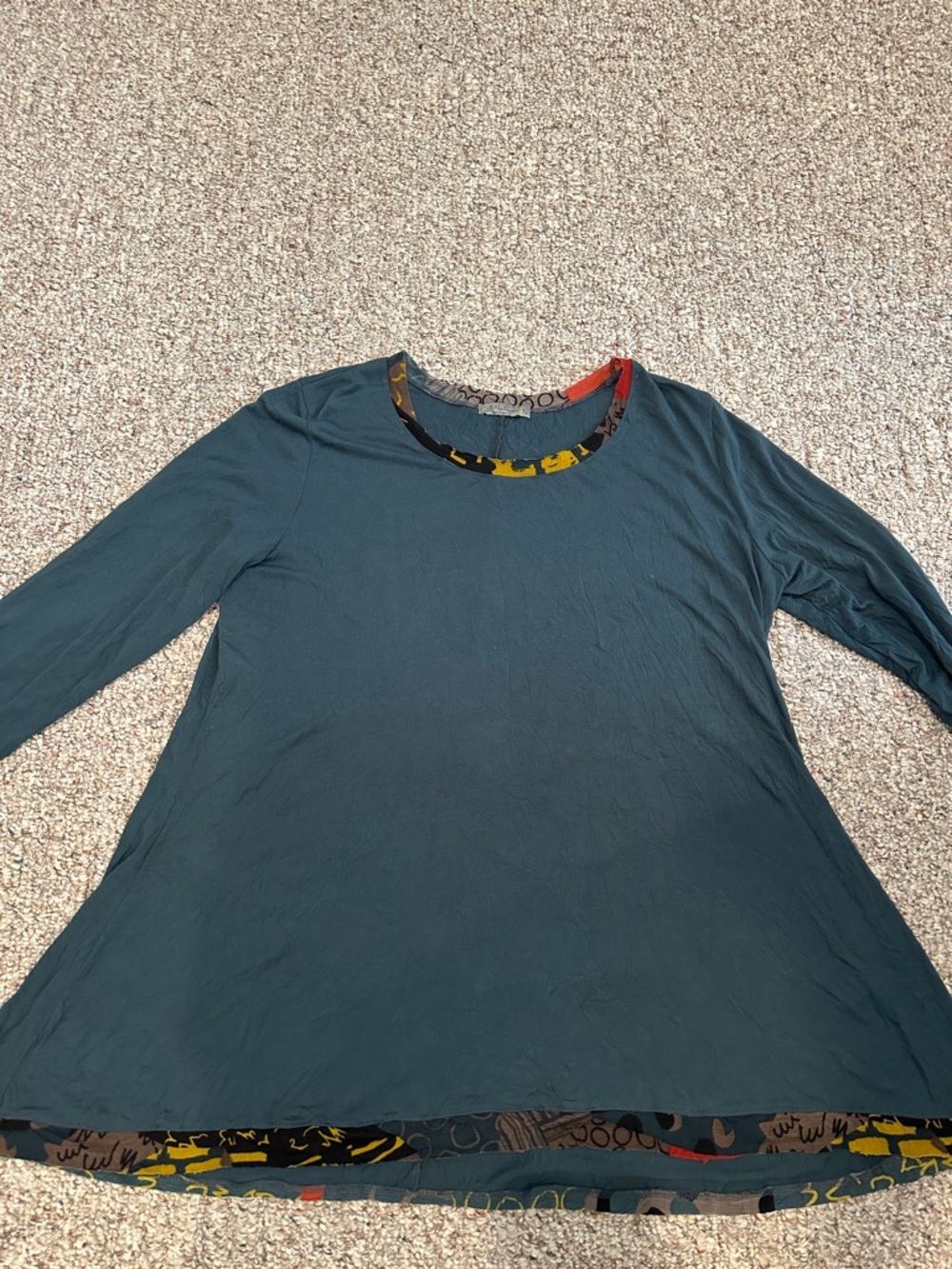 Chalet et Ceci Teal Long-Sleeve Scoop Neck Swing Top with Multicolor Trim
